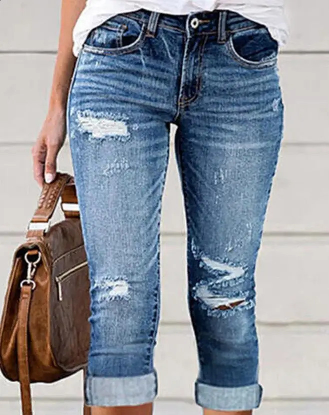Capris Pants for Women Fashion Elegant Ripped Low Waist Capris Denim Skinny Pants Female Clothing Casual Bottom Jeans 240821