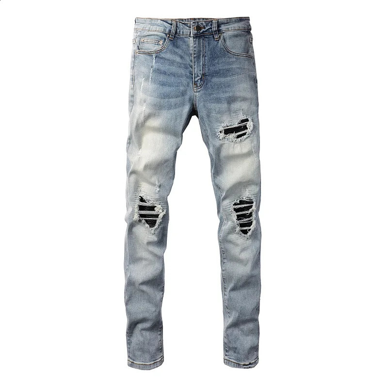 Men Leather Patches Denim Jeans Streetwear Holes Ripped High Stretch Pants Light Blue Skinny Tapered Trousers 240821