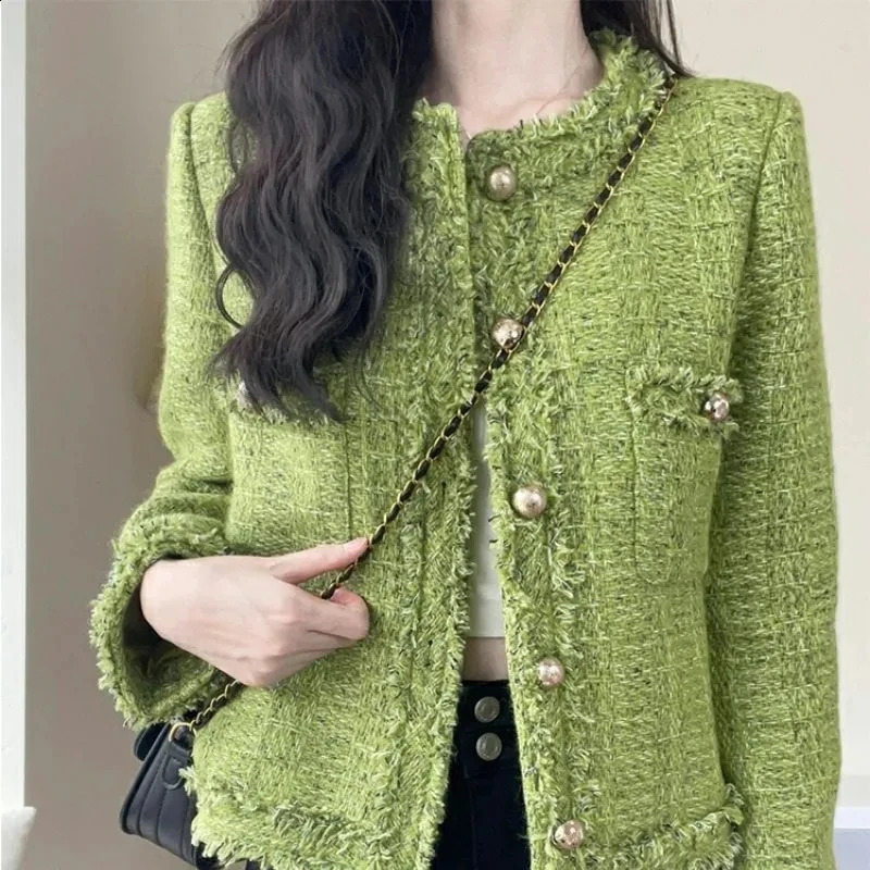 Autumn Winter Korean Single-Breasted Short Tweed Coat Women Long Sleeve Vintage Green Casual Jackets Female Outerwear 240822