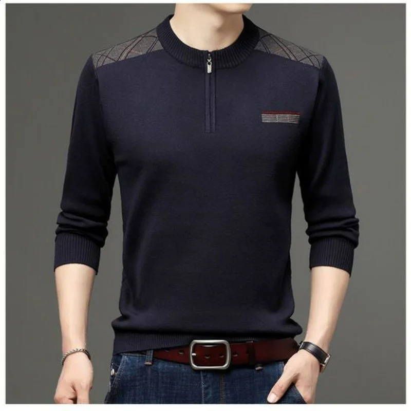 Winter Middle Aged Thick Warm Half Neck Zipper Standing Neck Wool Sweater Print Patchwork Business Casual Fleece Long Sleeve Top 240821