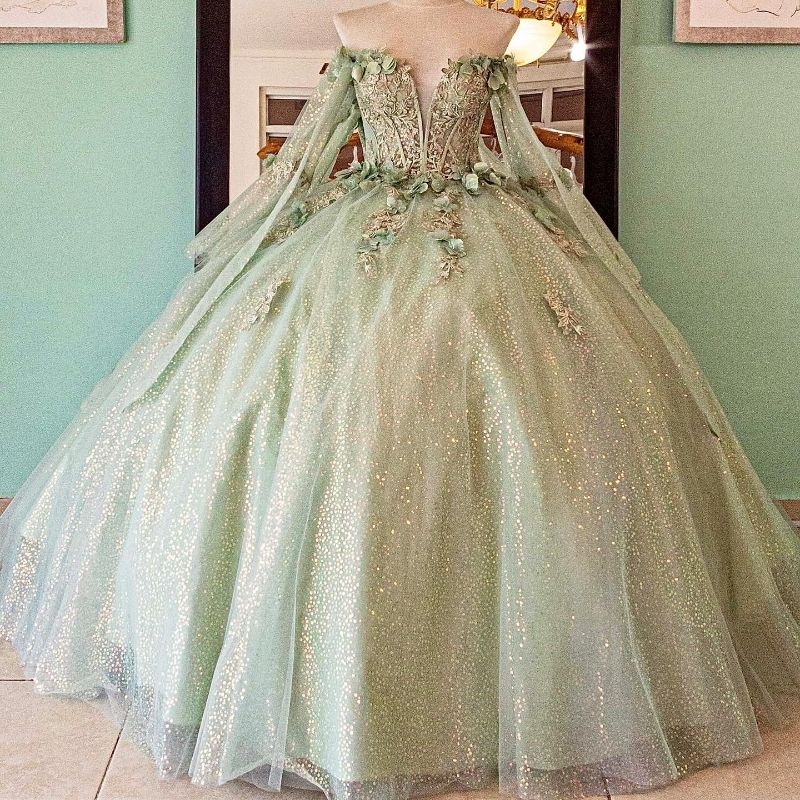 Sage Green Sequin Princess Quinceanera Dresses Applique Flower Beads With Cape Corset Sweet 16 Dress Birthday Vestidos De 15 Anos