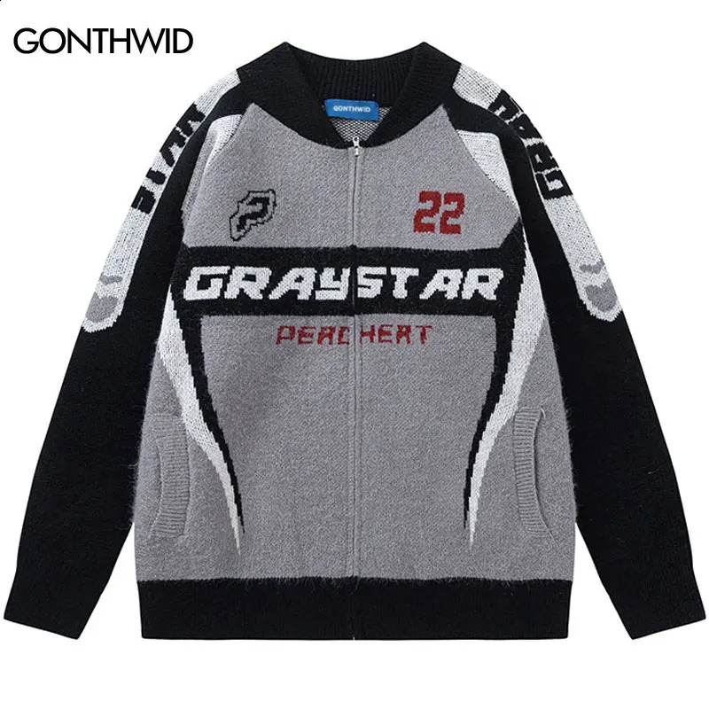 Vintage sweater jacket Y2K knit patch work racing motorcycle baseball full zipper hiphop Harajuku graphic streetwear 240821