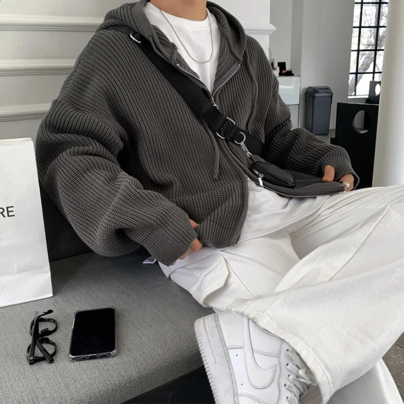 Winter Sweater Cardigan Men Warm Oversized Knitted Hooded Sweater Coat Men Korean Loose Cardigan Sweater Mens Jumper Clothes 240821