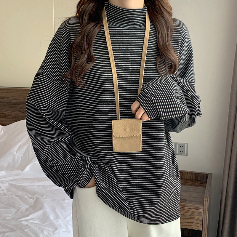 Spring Autumn New Korean Version BF Style Loose and Slim Half High Collar Striped Long Sleeve Hoodie for Women's Head Casual Top dongdumaoyi