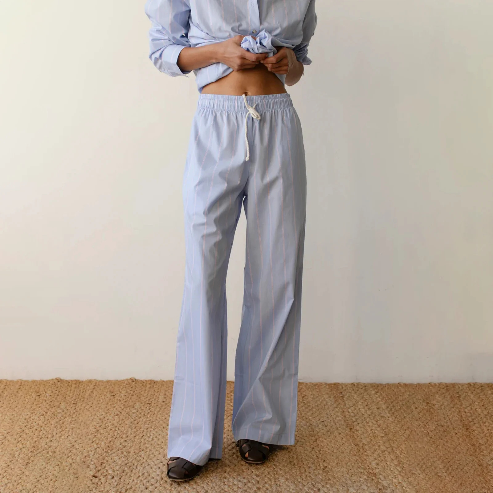Combhasaki Women Y2K Aesthetic Wide-Leg Pants Stripe Drawstring High Elastic Waist Trousers Spring Fall Retro Sweatpants Bottoms 240821