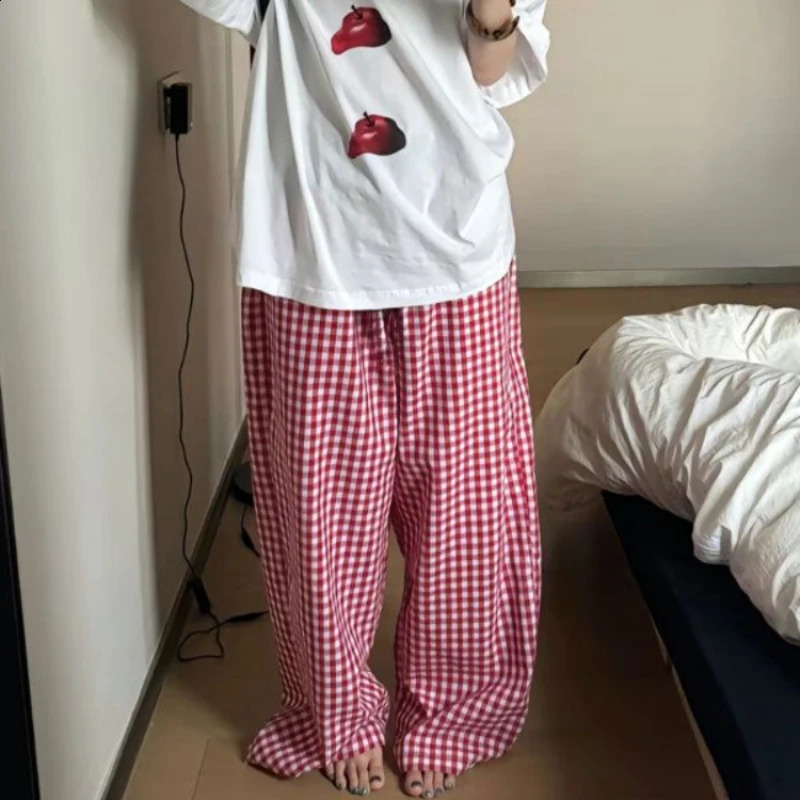 QWEEK Vintage Plaid Y2k Pants Woman Casual Harajuku Oversized Trousers Korean Fashion Wide Leg Summer Japanese 2000s Pockets 240821