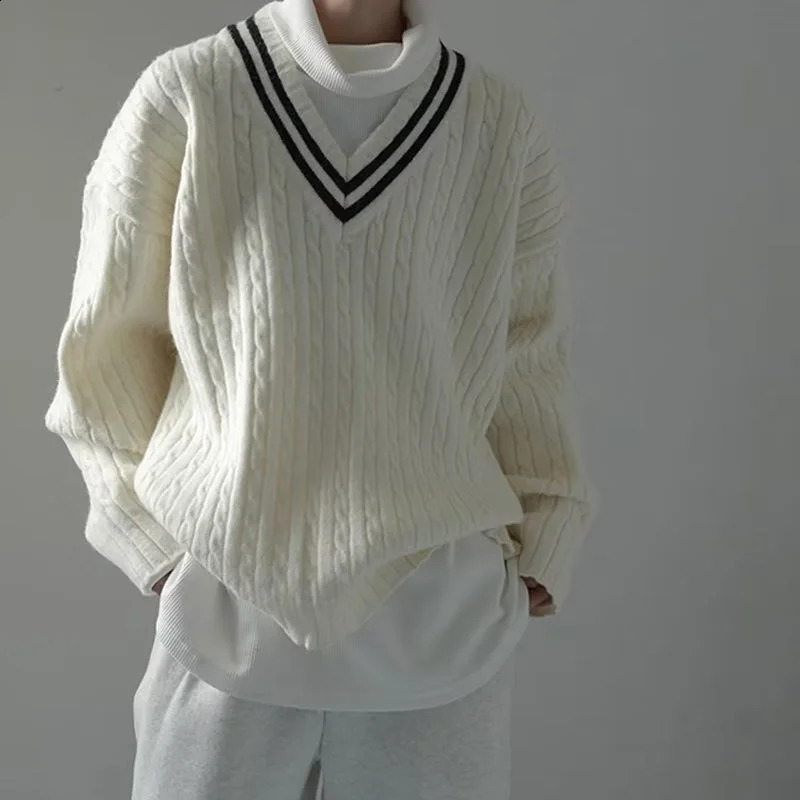 Black icon color contrast Vneck floral mens sweater autumn Korean knitted white 240821