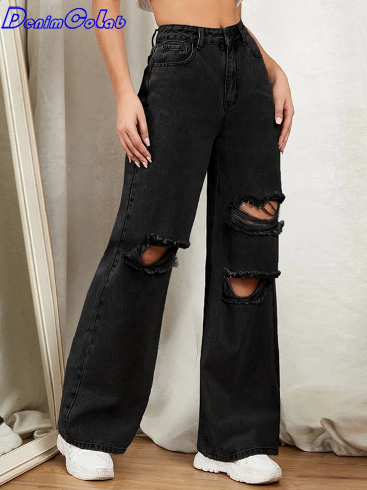DenimColab Hole Washed Wide Leg Women Loose Boyfriend 100 Cotton Mom Jeans Casual Trousers Denim Pants Z260313