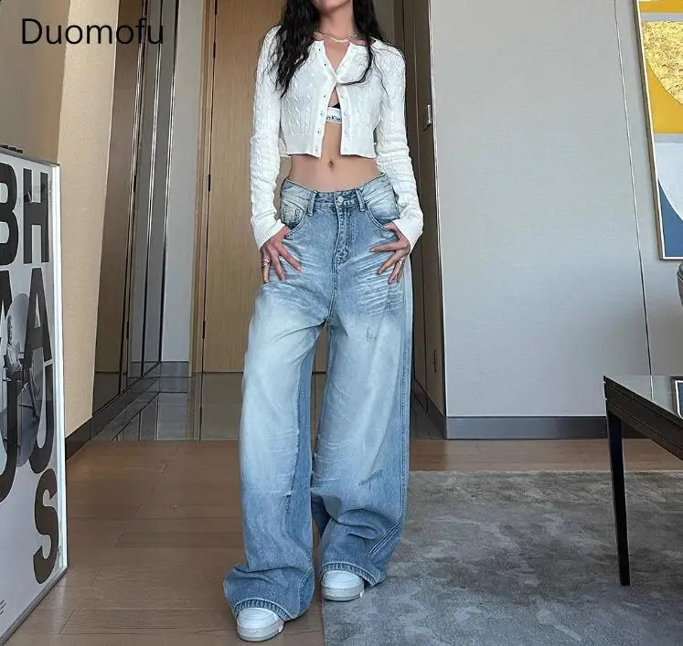 Duomofu Light Blue Classic Straight Strt Baggy Women Autumn Vintage Basic Simple Casual Slim High Waisted Jeans Z260313
