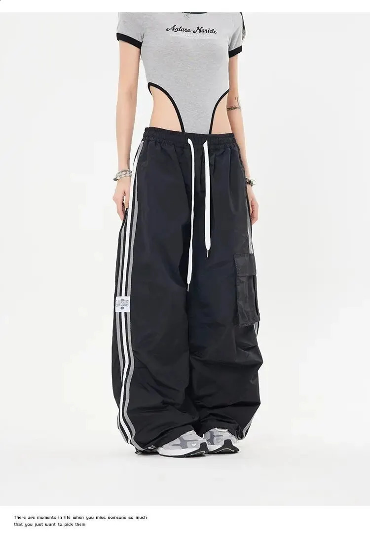 1pc Y2K Harajuku Vintage Hip Hop Street Wide Leg Pocket Side Contrast Stripes Casual Loose Cargo Pants Women 240821
