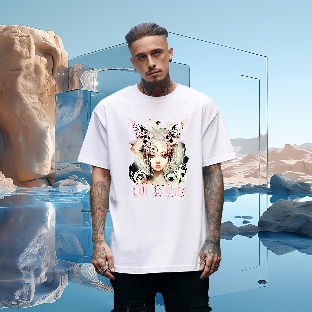Cool Design Butterfly Girl Men T Shirts Spring Summer Men Tshirts 230g 100% Cotton Customized Breathable Short Sleeve DIY Printed Clothings