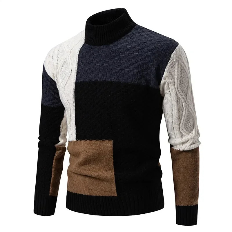 Mens Knitted Sweater Fashion Splicing Warm Half Collar Couple Christmas Pullover Plain 240821