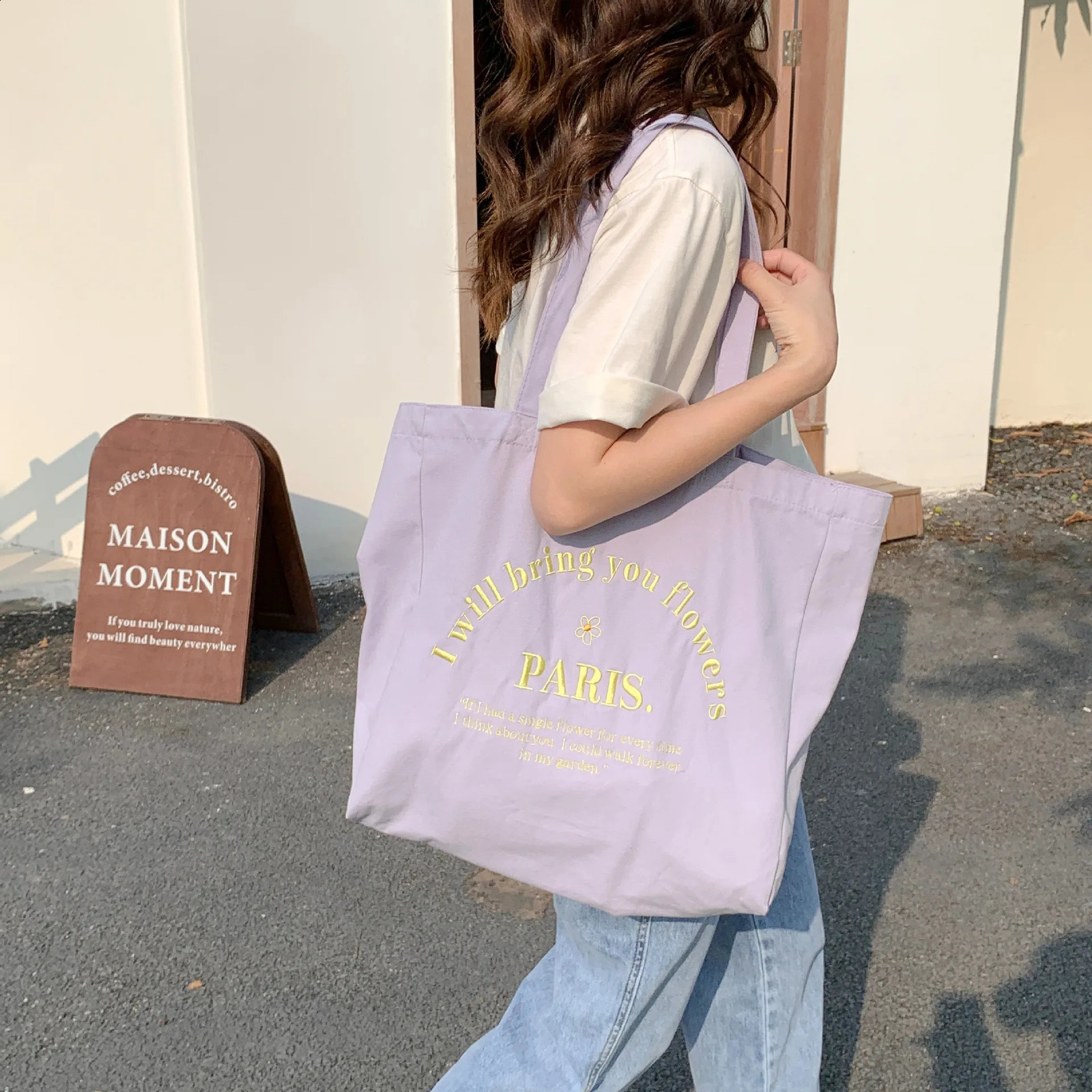 Letter Embroidered Womens Canvas Shoulder Bag Large Capacity Student Travel Casual Tote Handbags Female Eco Shopping Bags 240821