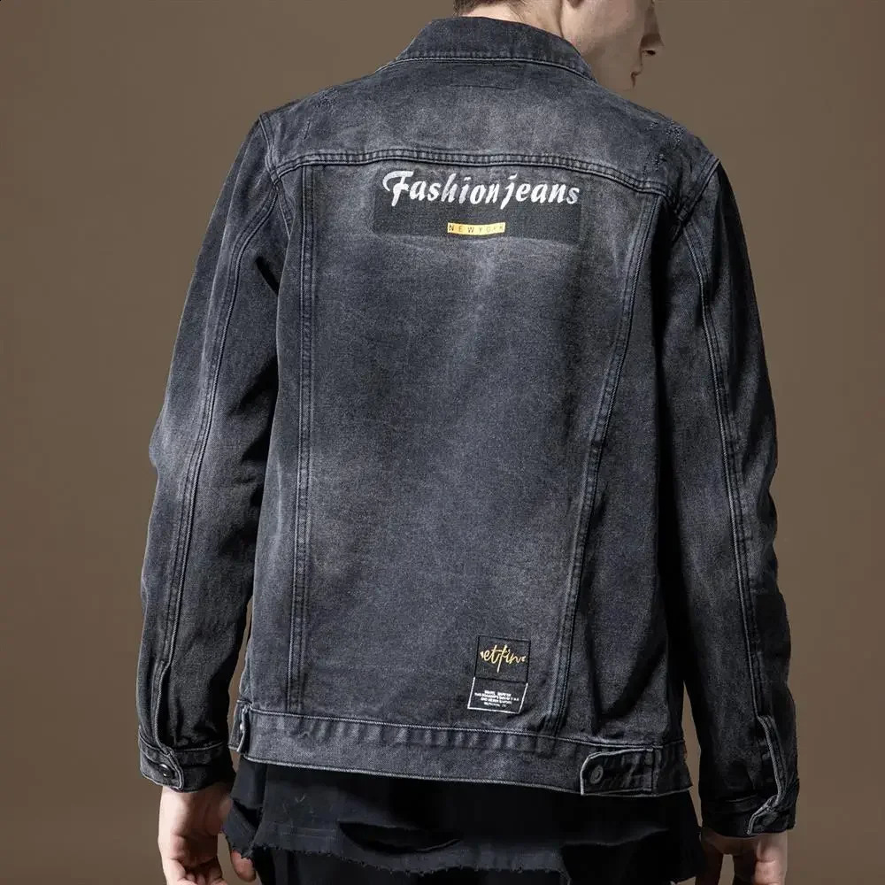 Male Jean Coats Button Autumn Black Mens Denim Jacket Biker Motorcycle With Embroidery Korea Clothing In Low Price Worn Y2k 240821