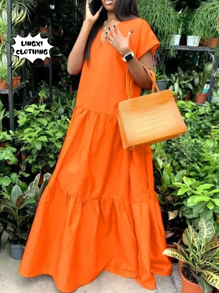 Autumn Womens Large Size Loose Elegant Womens Dress V-Neck Temperament Gathering Womens Gown Sexy Holiday Dress 240822