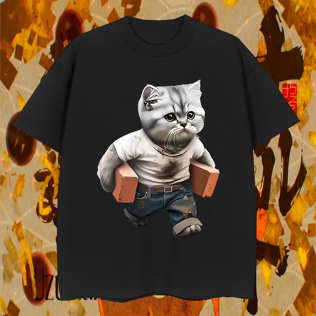 Soft T shirt cat Breathable Short Sleeve Street Wear Anime Print 230g Pure Cotton Men Tees New Arrival Tops Tees