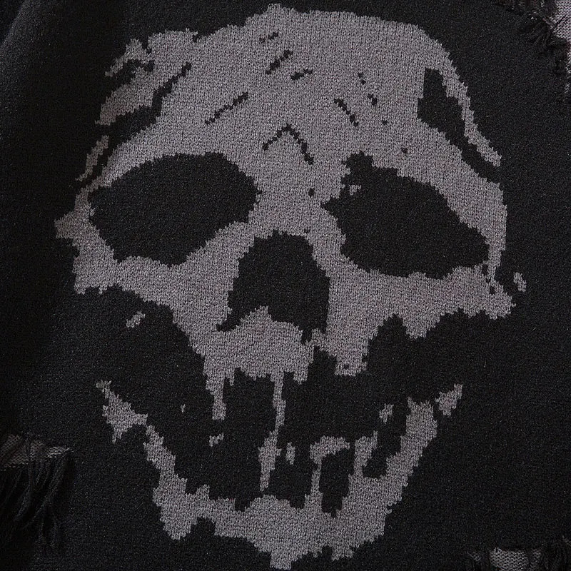 Hip Hop Sweaters Y2K Grunge Knitted Skull Skeleton Ripped Holes Punk Gothic Jumpers Streetwear Men Vintage Baggy Pullover Black 240821
