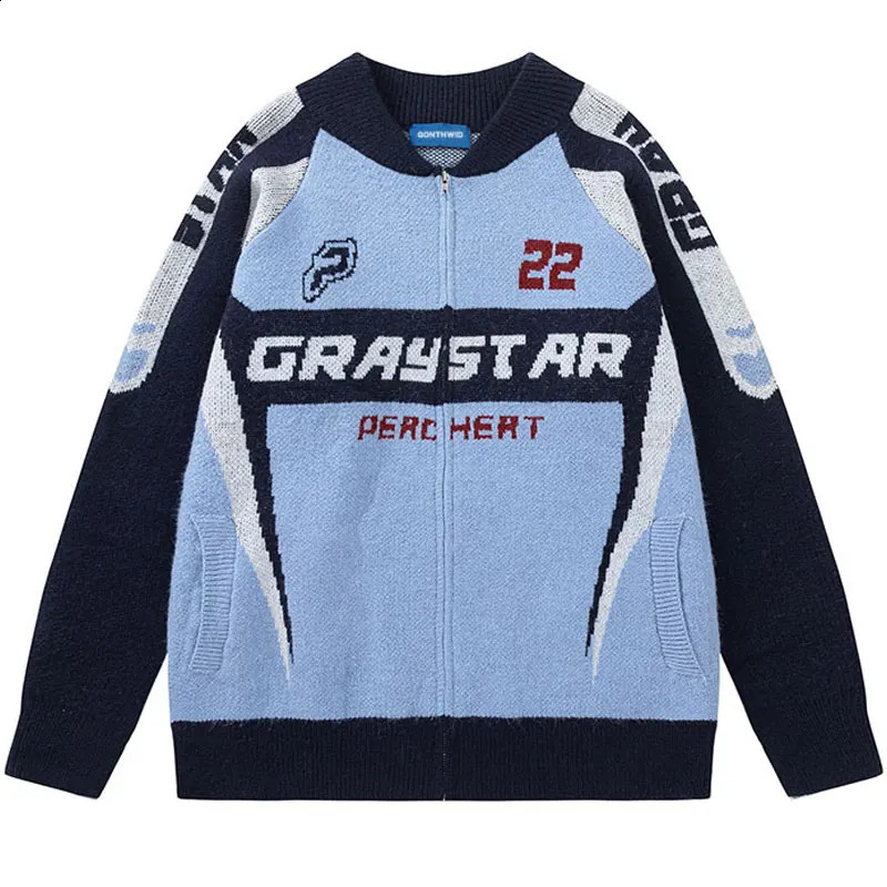 Vintage sweater jacket Y2K knit patch work racing motorcycle baseball full zipper hiphop Harajuku graphic streetwear 240821