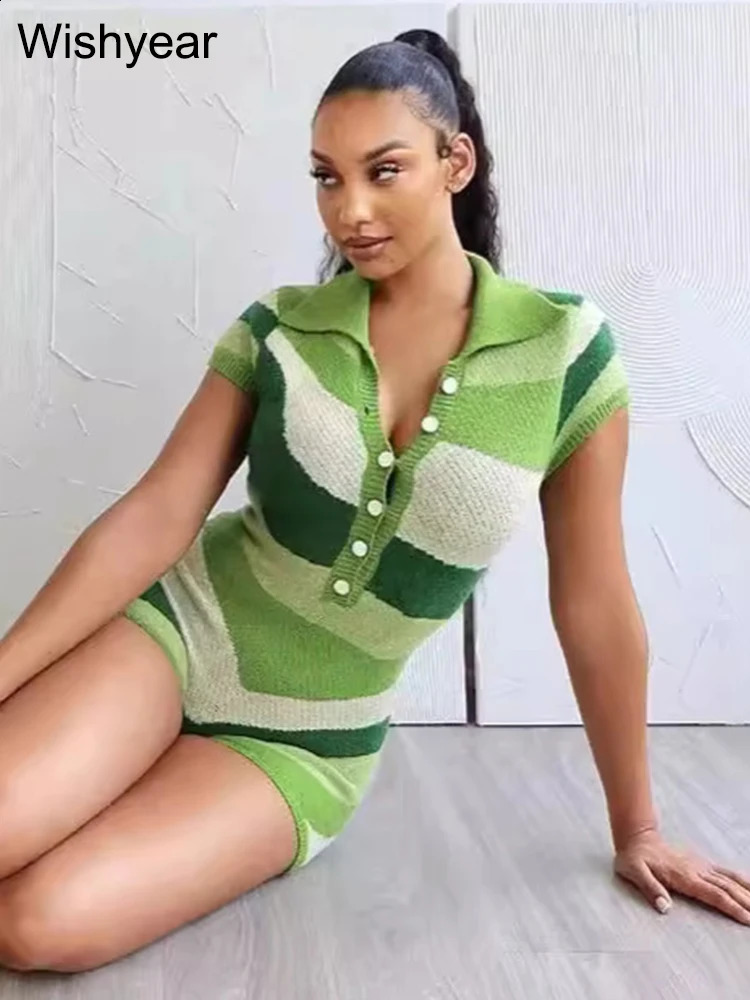 Elegant Knitted Patchwork Bodycon One Piece Rompers Women Lapel Short Sleeve Green Playsuits Sexy Night Club Birthday Overalls 240822