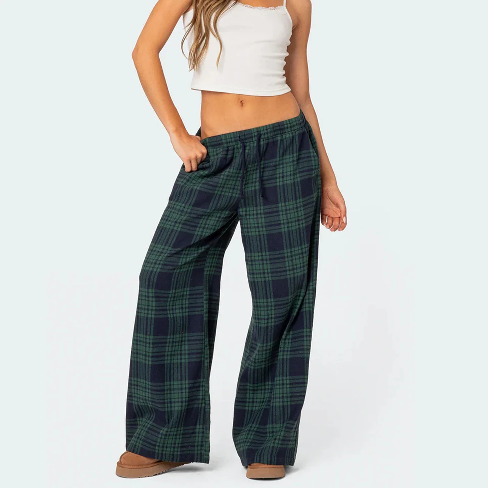 Combhasaki Women Y2K Vintage Casual Long Trousers Plaid Print Elastic Wide Low Waist Loose Wide Leg Lounging Pants with Pockets 240821