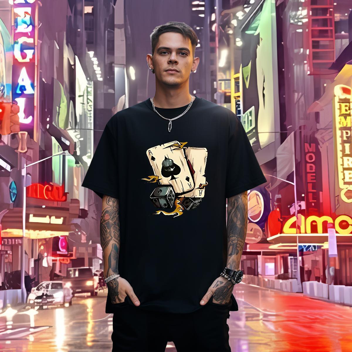 Classic Casual dice Couples T Shirts 230g Cotton T-Shirts for Men Asian Size Spring Summer Breathable Crew Neck Unisex Tops Shirt
