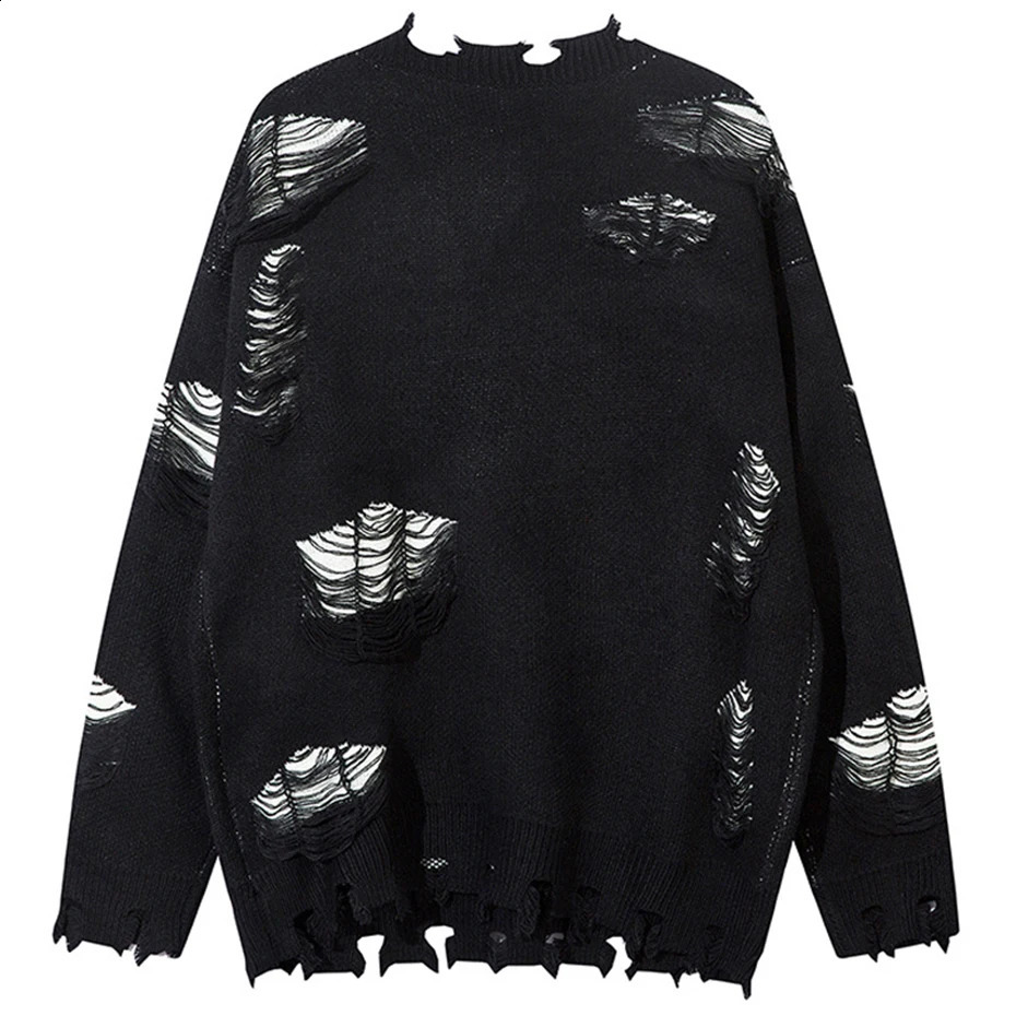 Mens punk sweater with zipper chain loose cardigan hiphop oversized Harajuku knitted pullout jumper black gray 240821