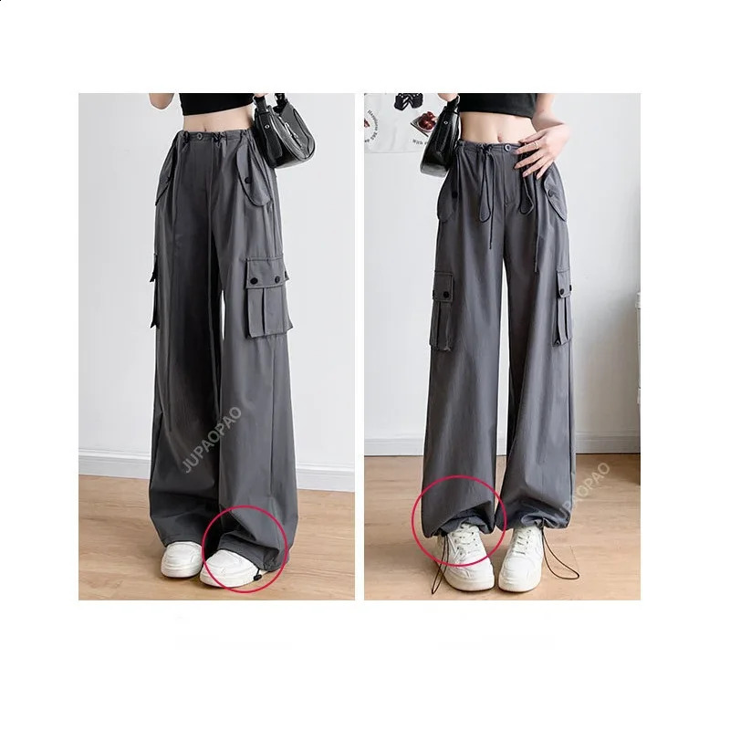 Women Casual Joggers Tech Pants Solid Low Waist Pants Drawstring Wide Leg Baggy Trousers Y2k Streetwear Oversize Sweatpants S-XL 240821