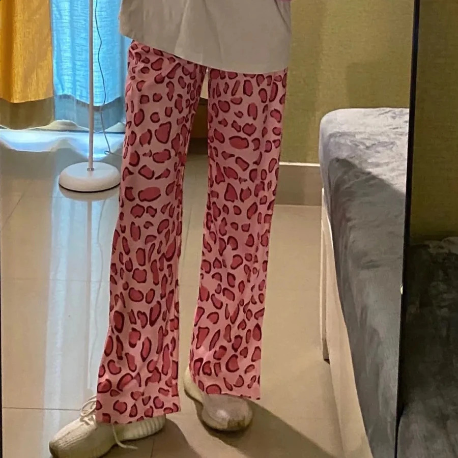Side Split Elastic High Waist Leopard Pink Pant Pocket Women Fashion Aesthetic Summer y2k Slim Slit Trouser Korean Style Cute 240821