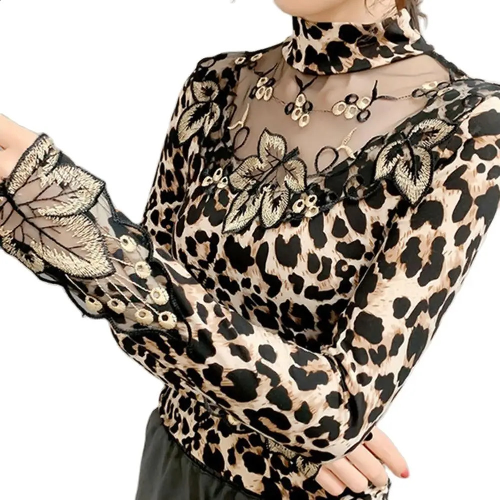 Spring and autumn sexy lace womens shirt long sleeved leopard print leaf embroidery transparent basic casual clothing 240822