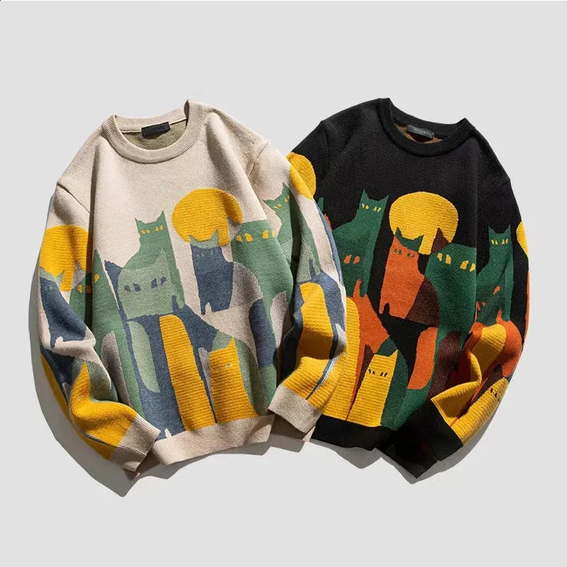Autumn Harajuku Knitted Sweater Mens Winter Cartoon Full Cat Print Pullover Retro Elastic 240821