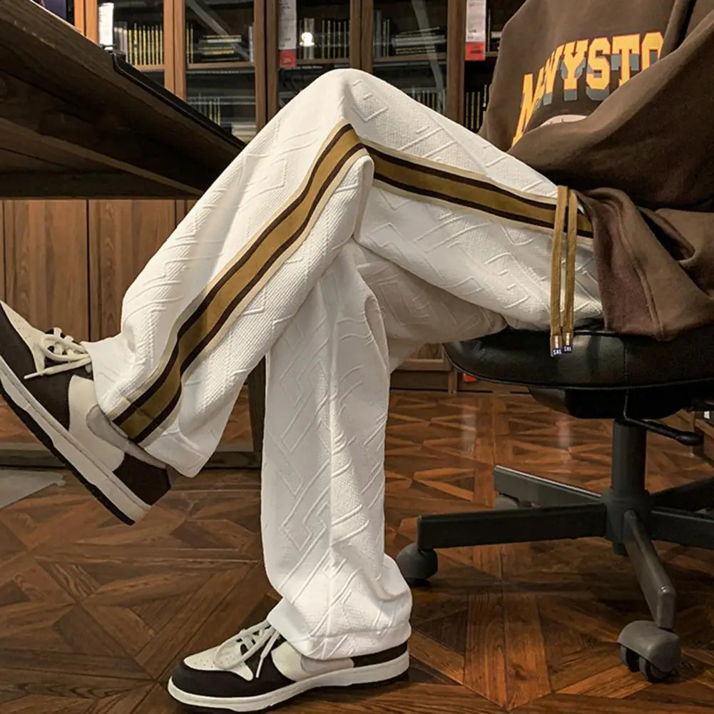 Men Pants Color Matching Wide Leg Drawstring Geometric Texture Trousers Elastic Waist Loose Hip Hop Trousers Mens Clothing 240822