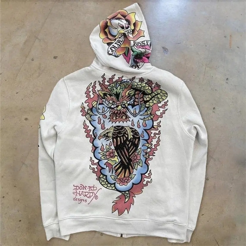American retro hooded sweater for men and women couple models skull lazy wind print hooded long-sleeved zipper hooded sweater 240821