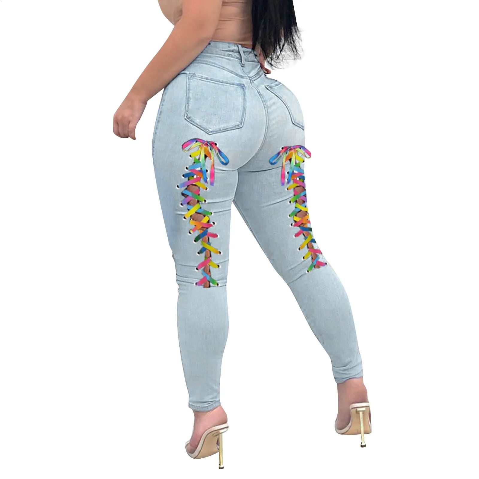 Ladies Color Straps Denim Pants Fashion Casual Stripe Sexy Pants Casual Slim Baggy Jeans For Women Korean Streetwear Trousers 240821