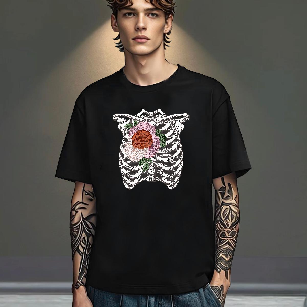 Unisex Mens T Shirts 230g 100% Cotton flower Outdoor Black White O-Neck Short Sleeve Couples T Shirts Fashion Design Wear