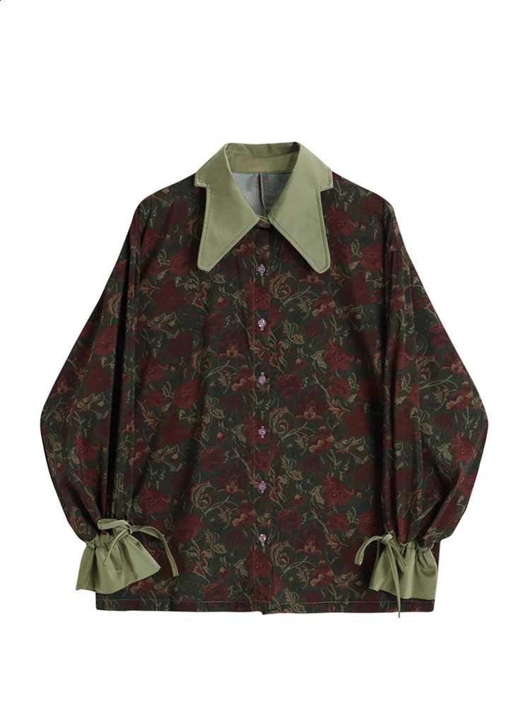 Autumn retro style floral print loose womens shirt Korean casual long sleeved button up top w240822