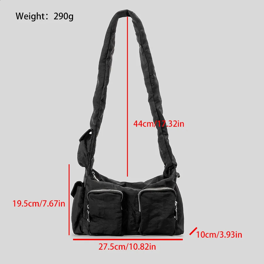 Casual Drawsting Strap Women Shoulder Bags Multiple Pockets Nylon Handbag Hobos Crossbody Bag Small Tote Shopper Purse 240821