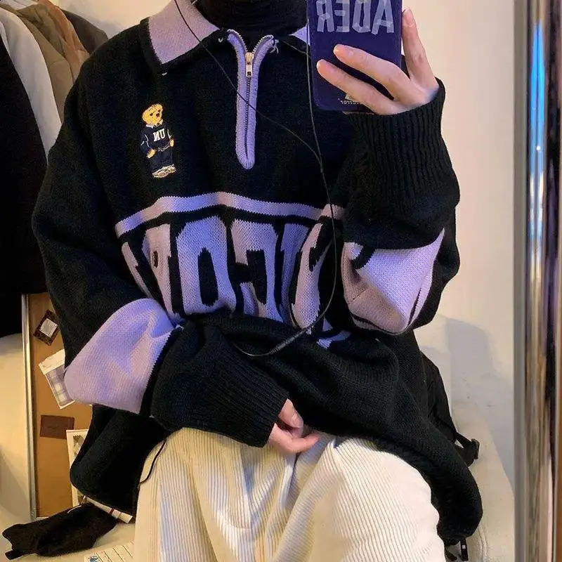 Y2k cartoon bear letter embroidered polo sweater suitable for autumn and winter loose retro half zipper knitted fabric 240821