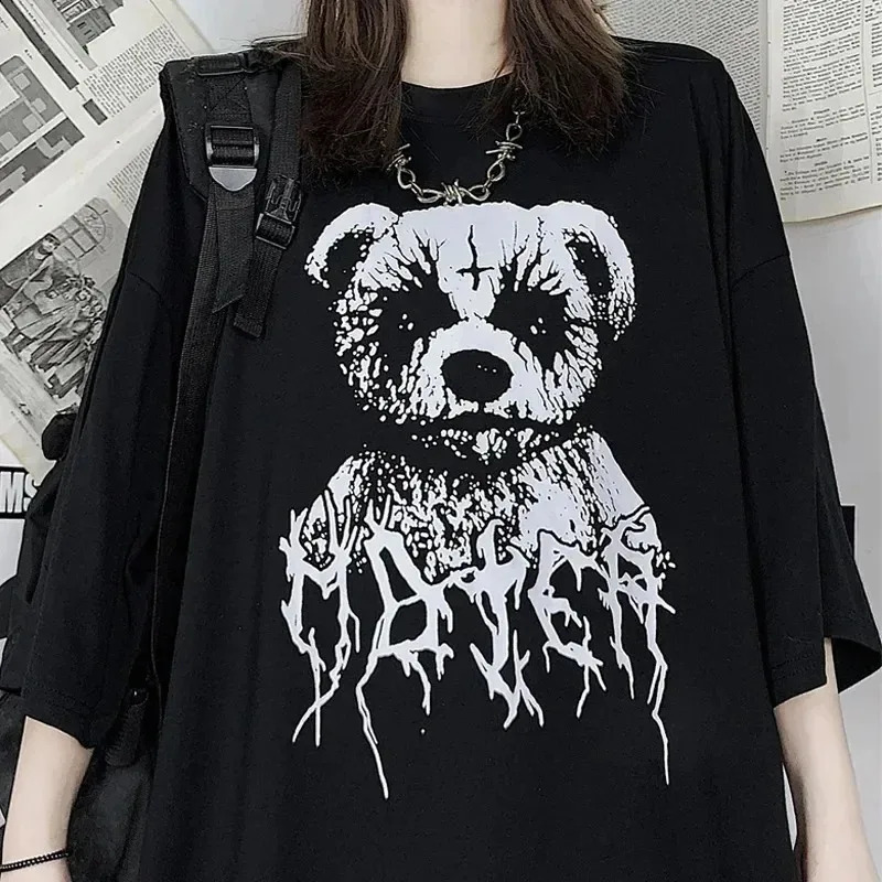 Gothic Devil Punk Printed Black Tshirt Harajuku Men and Women Y2K Top Summer Oversized Retro Street Clothing 240822
