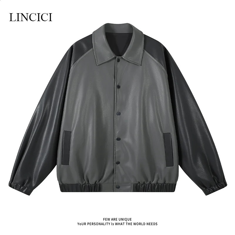 Autumn Loose Mens Retro Leather Jacket with Color Blocking and Hidden Button n Unisex Solid Color Youth Jacket 240822