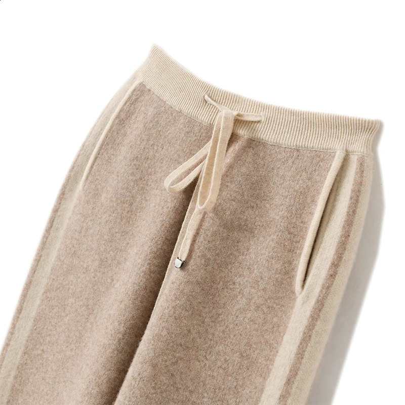 Autumn Winter Womans Pants Fashion Pencil Pants 100% Merino Wool Knit Long Trouser Elastic Mid-Waist Patchwrok Full Length Pant 240821