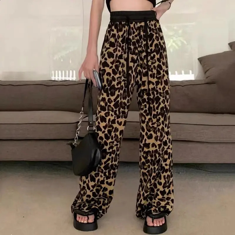 Fashion Leopard Ladies Elastic Waist Printing Straight Temperament Wide Leg Pants Spring Autumn Casual Womens Clothing 240821