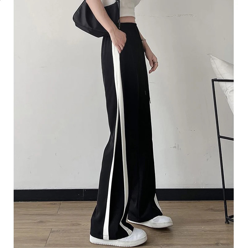Side Stripe Sweatpants Y2k Women Summer Korean Style High Waist Streetwear Harajuku Straight Wide Leg Pants Casual Trousers 240821