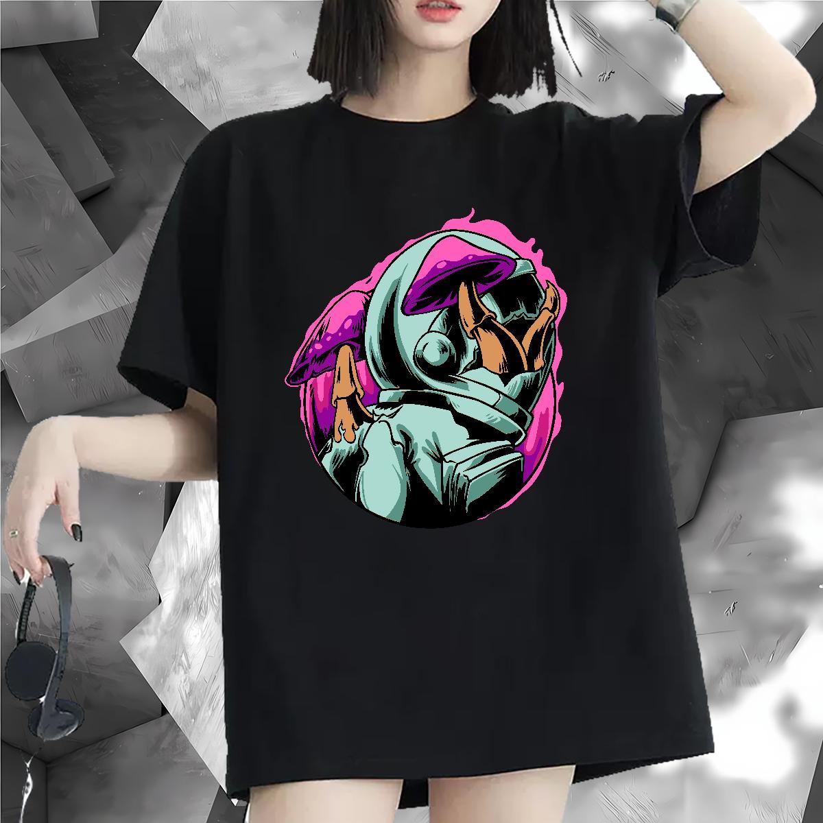 Soft Womens Tshirts 100% Cotton 230g spaceman Sport Women T Shirts Round Neck Short Sleeve DIY Anime Clothes Shirt