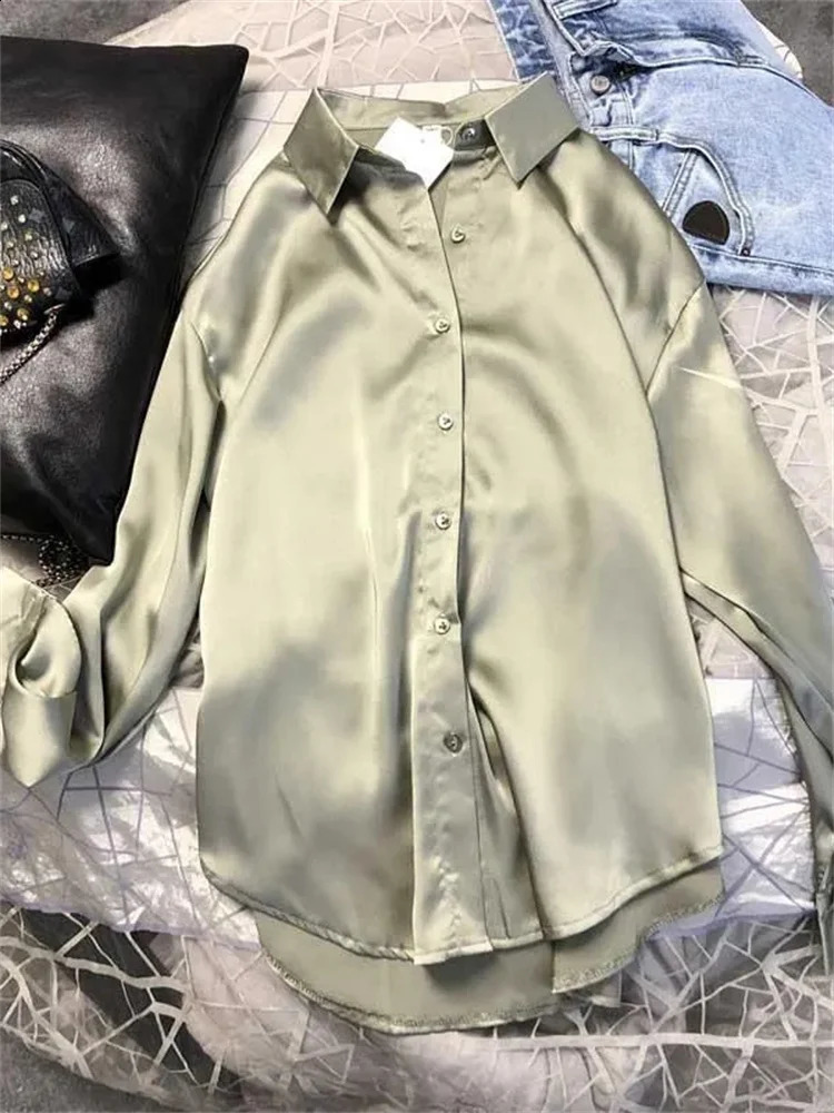 Eotvotee satin long sleeved shirt button top womens elegant highquality office silk 240822