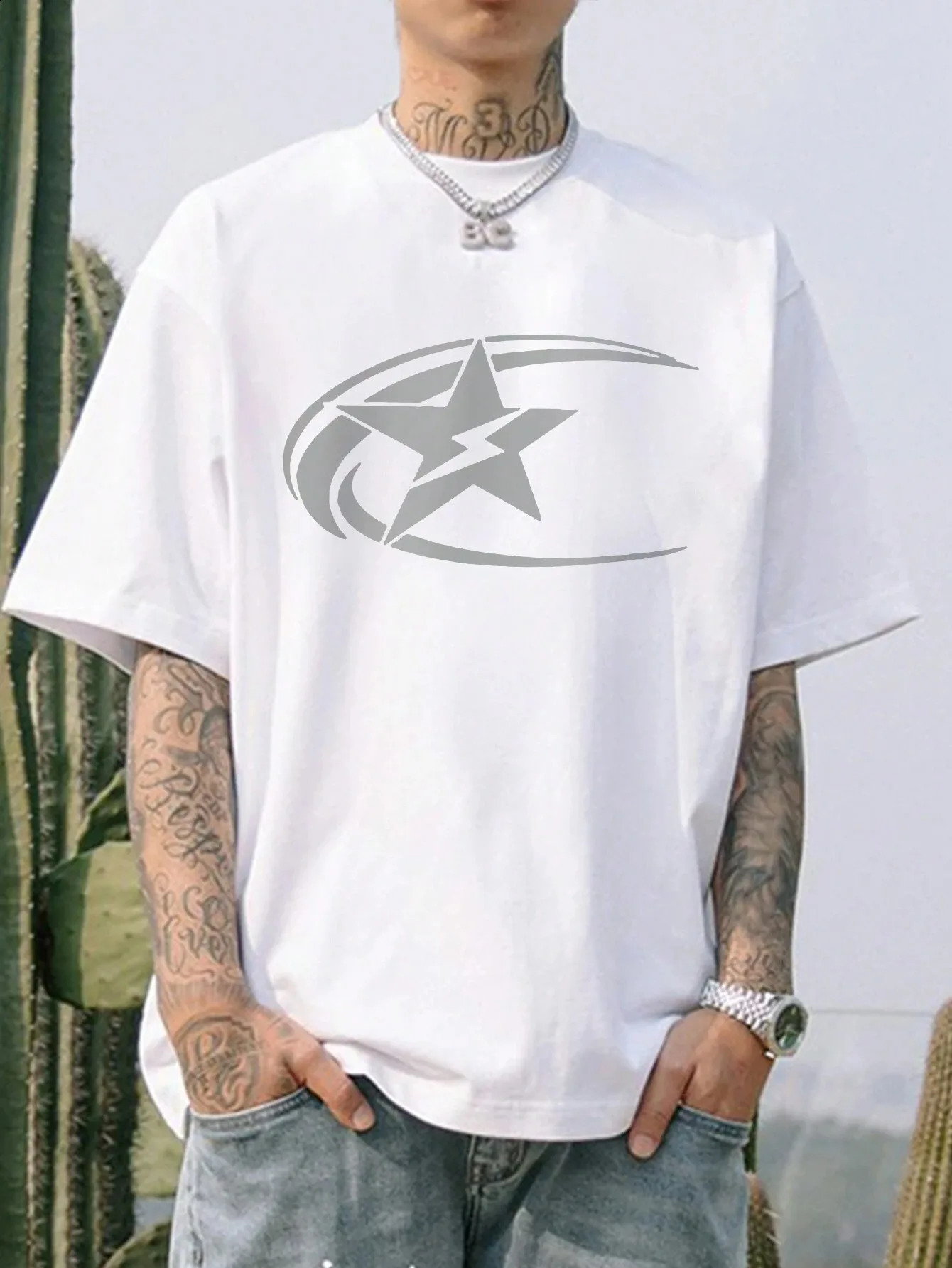 male star printed short sleeved Tshirt for summer mens clothing fashion top casual solid color Y2K street 240822