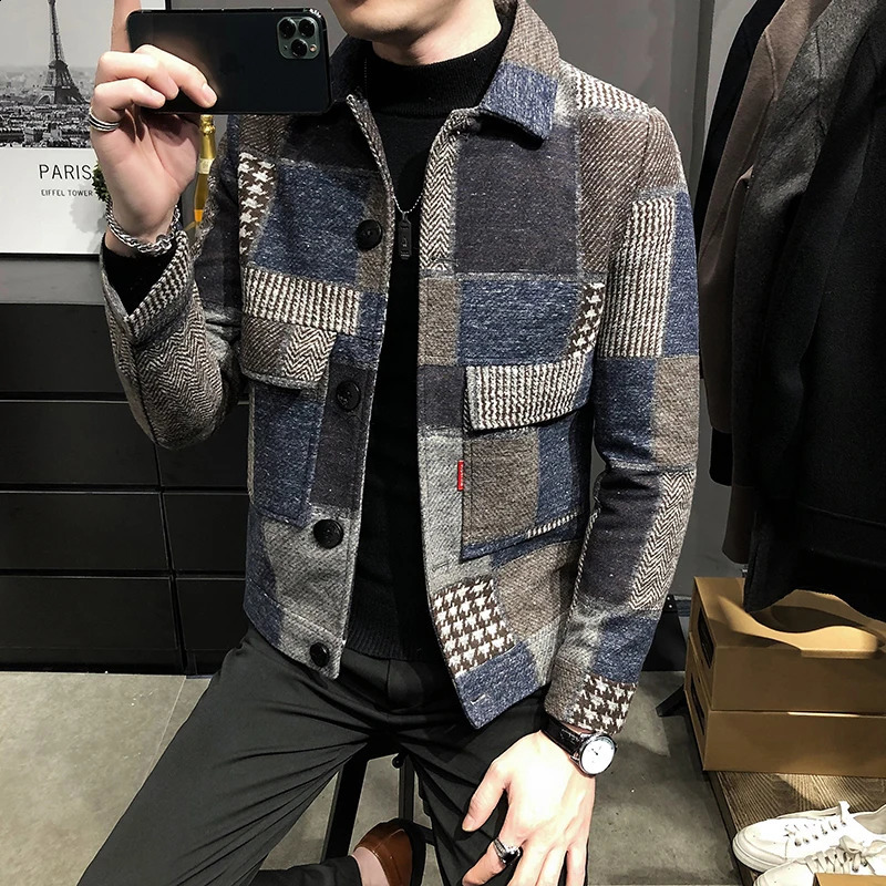 Hombre Korean casual mens patchwork jacket ultra-thin jacket fashionable warm long sleeved plain weave gentlemans pocket jacket S-3XL 240821
