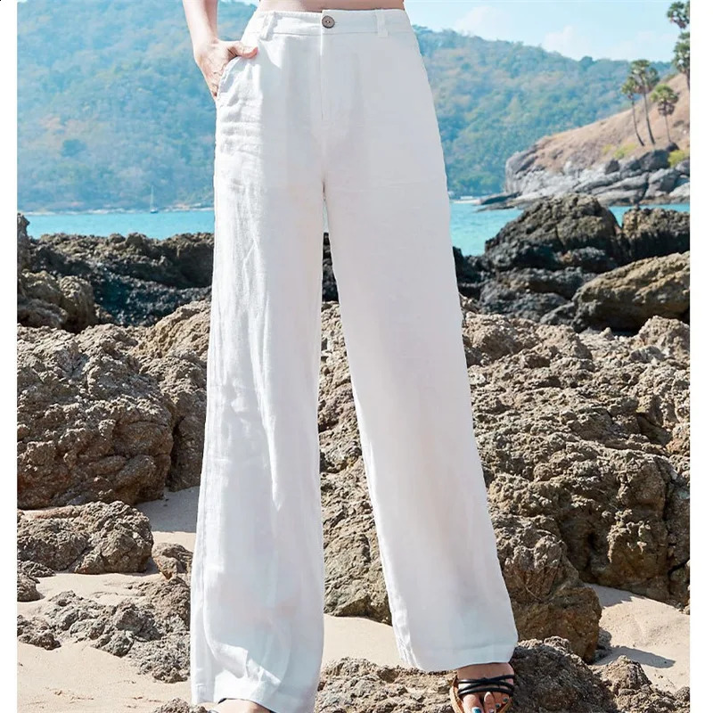 Korean Womens Pants Spring Summer Cotton Linen Wide Leg Pants Y2k Casual Solid White Loose High Waist Straight Trousers Women 240821