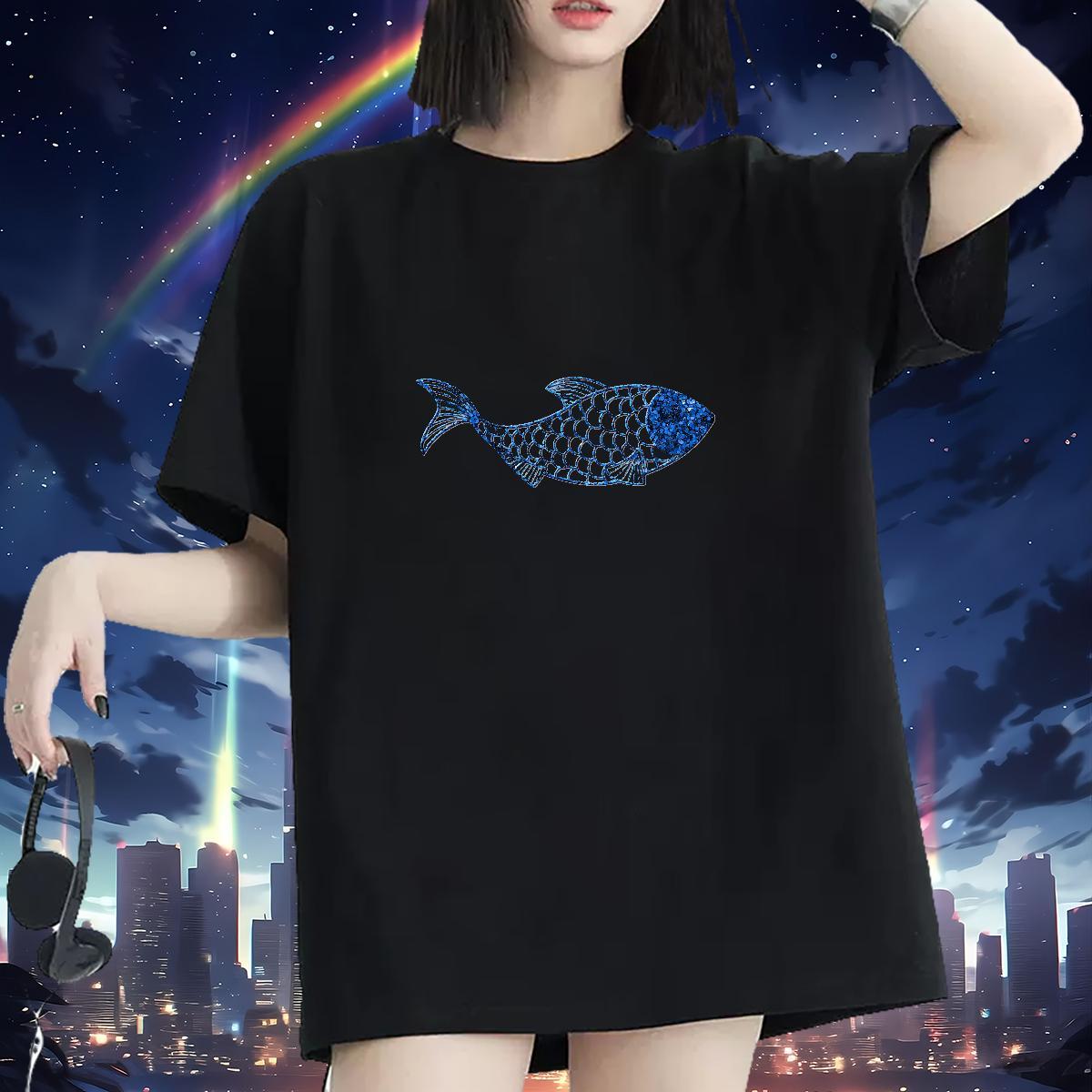 Custom Womens T Shirts Crew Neck 100% Cotton 230g Unisex Tshirts Cartoon Anime fish Beach Soft Tee Shirt