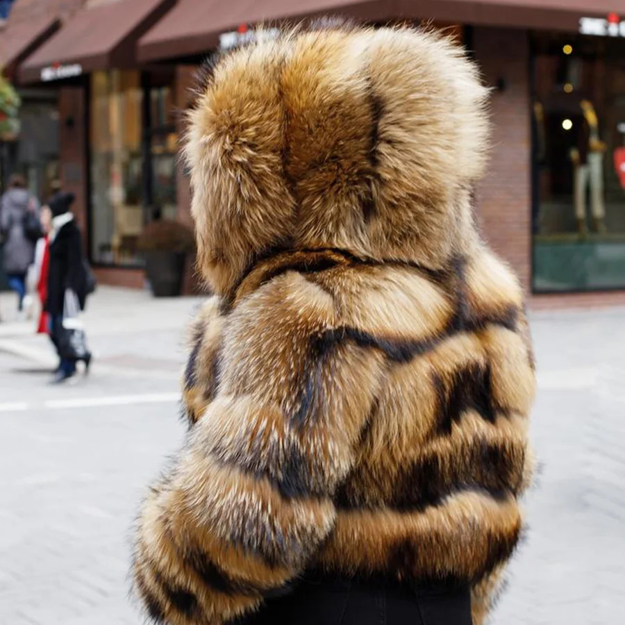 Fashion Hooded Fur Coat Jacket Women Real Fur Coat Fox Fur Winter Short Thick Raccoon Fur Jacket Female Fur Coat Natural Fur 240821