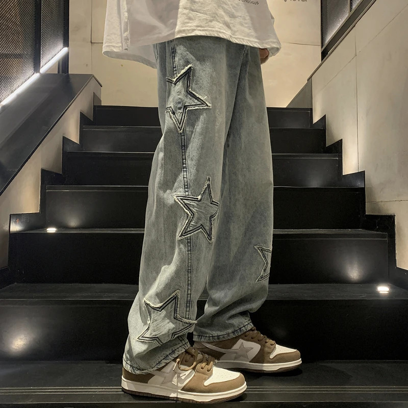Y2K Vintage Men Korean Blue Streetwear Oversize Star Aesthetic Straight Trousers Wide Leg Jeans Grunge Denim Pant Clothes 240822